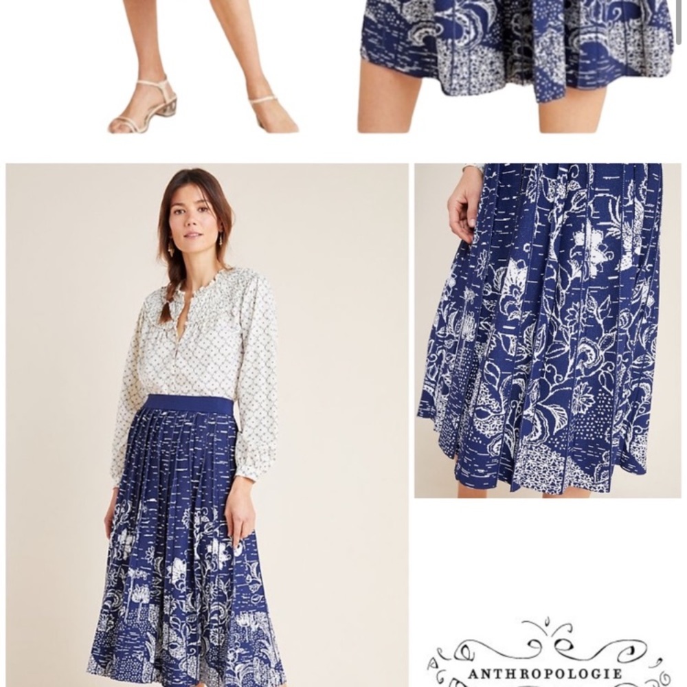 ANTHROPOLOGIE XSP Haven Pleated Knit Midi Skirt Blue Flower Motif  Spring